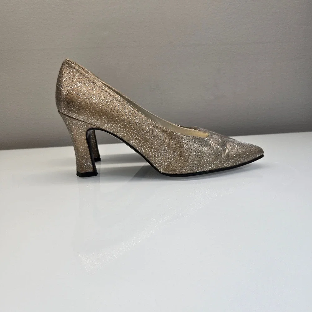 Stuart Weitzman Heel Pumps Womens 7B Gold Glitter Pointed Toe Evening Party Glam
